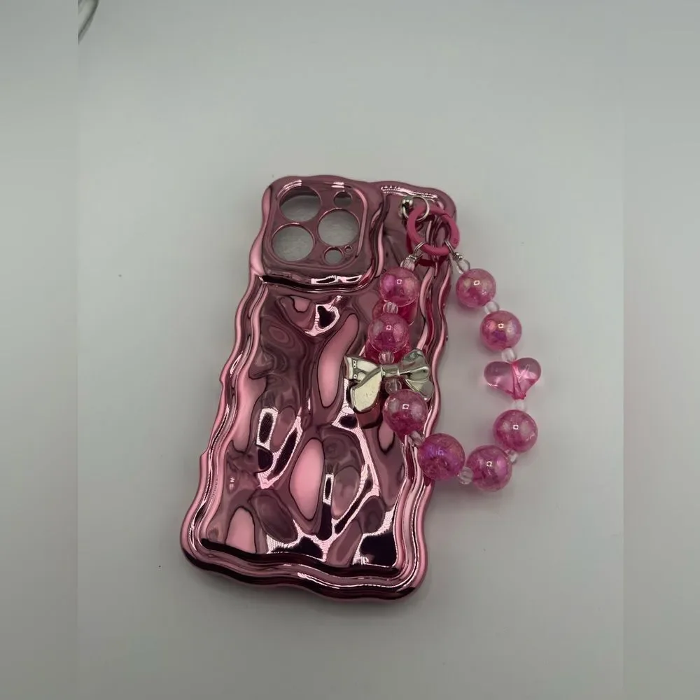 Glossy Pink Wave Case with Beaded Handle for iPhone 15 Pro Max